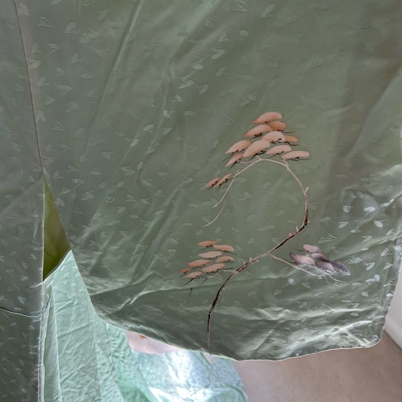 Beautiful Vintage Japanese Kimono Silk Sage Sea Green Fan Uchiwa Cotton Flower - Picture 7 of 12